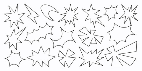 Abstract set linear retro funky shapes on a white background. Trendy geometric cosmic starburst forms. Vector illustration in style 90s, 00s