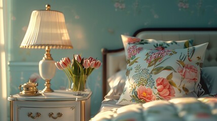Classic bedroom ambiance with tulips on bedside and floral patterned pillows casting a warm glow - obrazy, fototapety, plakaty