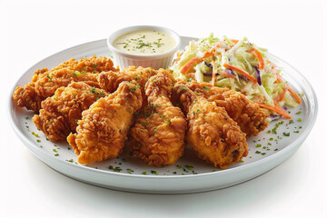 Fototapeta premium Fried chicken with coleslaw and salad on a white background