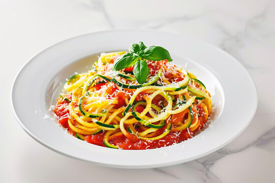 Spaghetti with zucchini and tomato sauce on a white plate