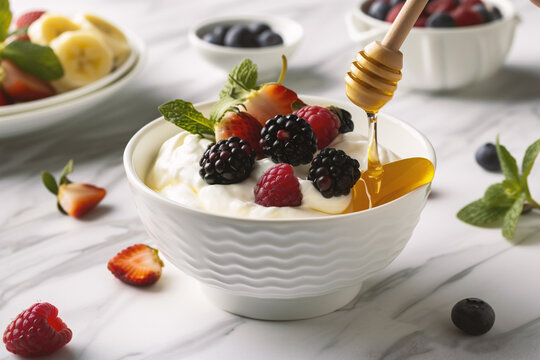 Greek yoghurt with fresh berries and honey, selective focus image