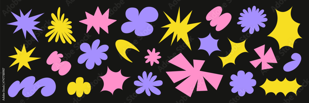 Poster abstract set colorful retro groovy shapes on a black background. trendy geometric cosmic starburst f