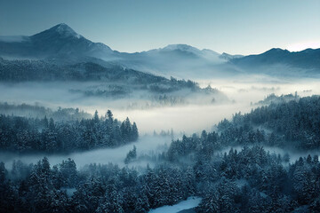 Aerial view of winter forest landscape on a foggy morning