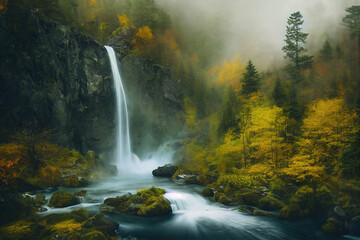 Dynamic landscape of a tall waterfall in an alpine forest. Autumn yellow foliage.