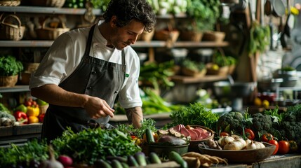 chef crafting a meal with farm fresh ingredients, highlighting the farm concept