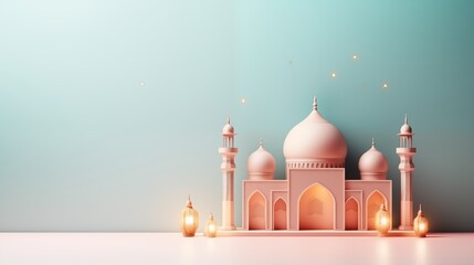Pastel Green Ramadan kareem and eid fitr islamic concept background mosque with lantern illustration for wallpaper, poster, greeting card and flyer.