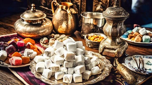 Turkish delights. Various pieces of traditional Turkish sweets on a wooden table.