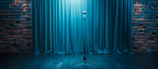 stage with blue curtain and brick wall. theater or stand up comedy background