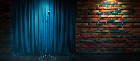 stage with blue curtain and brick wall. theater or stand up comedy background