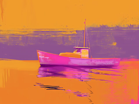 Stylized image of a small fishing boat floating on calm waters with a striking orange and purple color palette, evoking a sense of peace