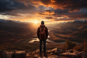 Sunset Solitude: An Obscured Figure Overlooking a Vast Landscape from Rocky Terrain