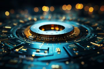 Photo sur Plexiglas Magasin de musique Technological Core: Illuminated Circular Component in a Complex Circuit Design