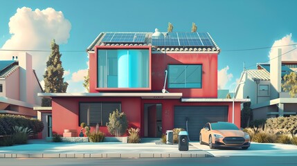 Modern suburban house with solar panels and electric car. stylish residential architecture with sustainable energy solutions. future living concept. AI