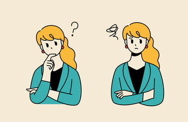 Illustration 2 pose set of a woman with a doubtful and troubled expression