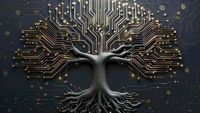 Creative stylized tree made of circuit lines. Nature and electronics fusion concept.