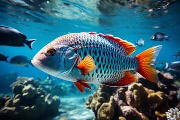 Naklejka na ściany i meble Colorful Fish Swimming Near Coral Reef in Clear Blue Water