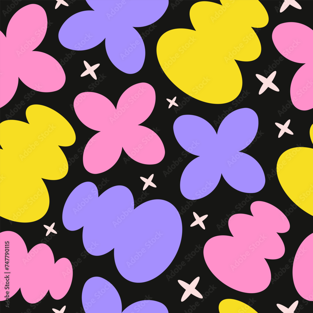Poster Abstract seamless pattern with colorful retro groovy shapes on a black background. Vector illustration in style 90s, 00s