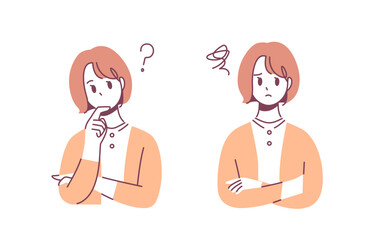 Illustration 2 pose set of a woman with a doubtful and troubled expression