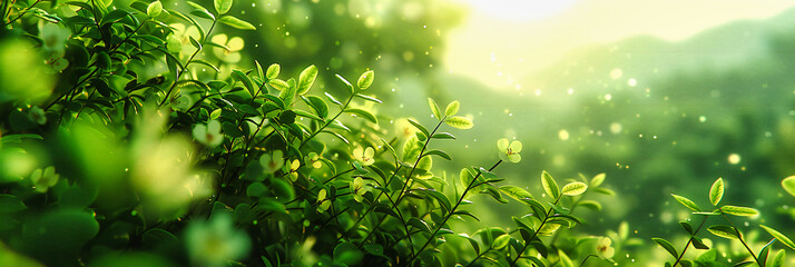 Obraz premium Fresh Green Leaves and Spring Nature, Bright Sunlight and Soft Bokeh Background, Environmental and Ecological Concept, Growth and Beauty in Park