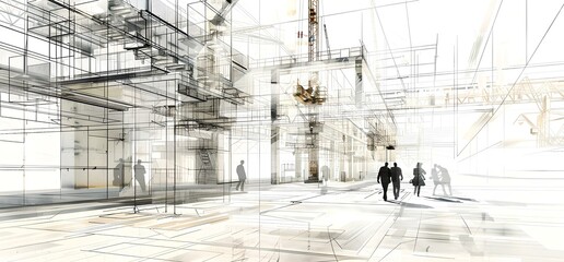 Abstract urban sketch, artistic architectural concept with figures. monochrome design visualization. creative digital rendering for background usage. AI