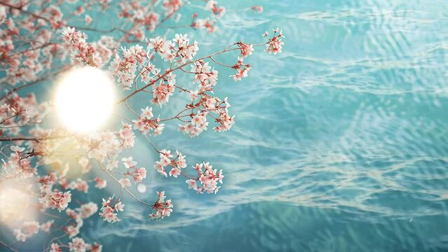 pretty spring cherry blossom branches on turquoise. seamless looping overlay 4k virtual video animation background