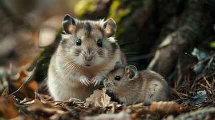 Mother hamster with its baby sharing a tender moment of piece and quiet.