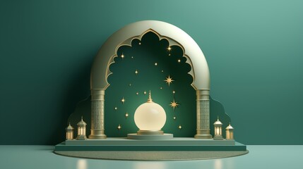 Podium, Lantern and star Ramadan kareem and eid fitr islamic concept green background illustration for wallpaper, poster, greeting card and flyer.