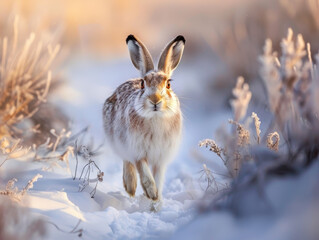 A hare traverses a snowy landscape in the glowing morning light.