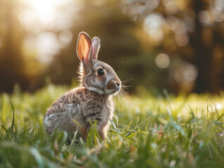 A rabbit enjoys the evening light in a lush green field.
