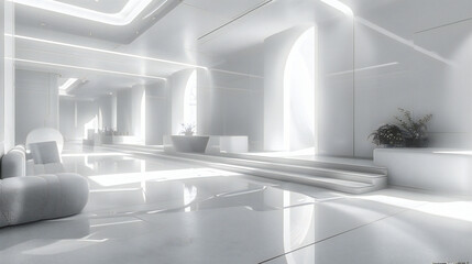 Minimalist Modern Interior, Bright Light in Empty Room with White Walls, Futuristic Architectural Design Concept