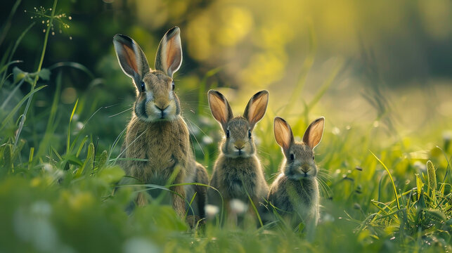 A family of rabbits sits together in a sunlit grassy field.