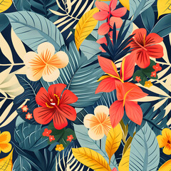Tropical plants and flowers flat illustration seamless pattern