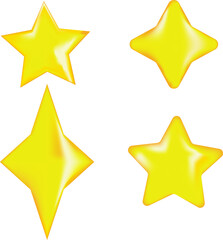 Set of yellow stars different shapes. Four stars glossy colors. Realistic 3d design cartoon style. vector illustration