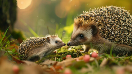 A hedgehog shares a tender moment with its baby in the grass.