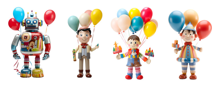 toy holding balloon isolated on a transparent PNG background, white background , Generative Ai