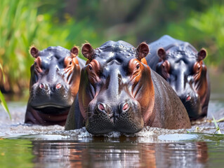 A group of hippos half-submerged in a calm river.