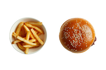 Top View Burger and Fries Ensemble on Transparent Background.