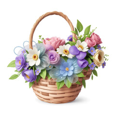 a whimsical fairy tale-inspired flower basket, with enchanted flowers., white background