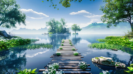 Tranquil Lake and Wooden Bridge, Serene Forest Landscape and Water Reflection, Peaceful Nature Park and Outdoor Relaxation, Sunny and Scenic View - obrazy, fototapety, plakaty