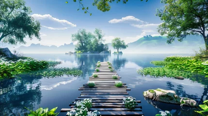 Poster Tranquil Lake and Wooden Bridge, Serene Forest Landscape and Water Reflection, Peaceful Nature Park and Outdoor Relaxation, Sunny and Scenic View © NURA ALAM
