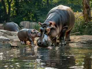 Mother hippo and a baby by a riverbank.