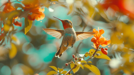 A hummingbird in mid-flight by bright orange flowers, wings elegantly spread.