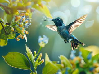 Fototapeta premium A blue hummingbird with wings outstretched, hovering near delicate flowers.