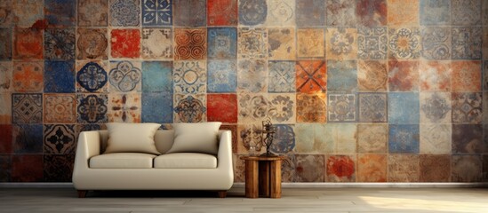 A couch is positioned in front of a wall adorned with colorful rustic digital tiles. The tiles create a vibrant and textured backdrop for the seating area.