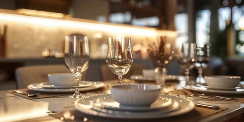 Fototapeta na wymiar Elegant dining table set with fine glassware gleaming under soft warm lighting