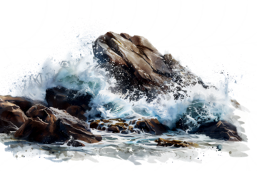 waves crashing against the rocks, plain white background.