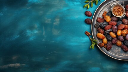 Top view, a flat lay with dried dates in a tray on a bright blue painted background with a copy space. The Holy Month of Ramadan, Eid Al-Adha, Iftar, Muslim Holidays, Islam concepts. - obrazy, fototapety, plakaty