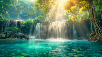 Fototapeta na wymiar Majestic Waterfall in Lush Forest, Natural River and Tropical Jungle, Serene and Beautiful Outdoor Scene, Paradise and Fresh Environment Concept