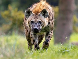 Spotted hyena in green grass marching towards the camera.