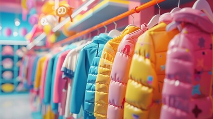 Colorful array of children's jackets on display in a playful store setting